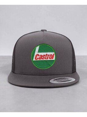 Castrol Oil Green Patch on YP Flat Bill Trucker Hat Mesh Back Snapback charcoal/
